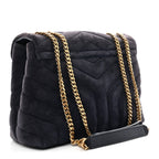 Suede Calfskin Y Quilted Monogram Small Loulou Chain Satchel Deep Marine