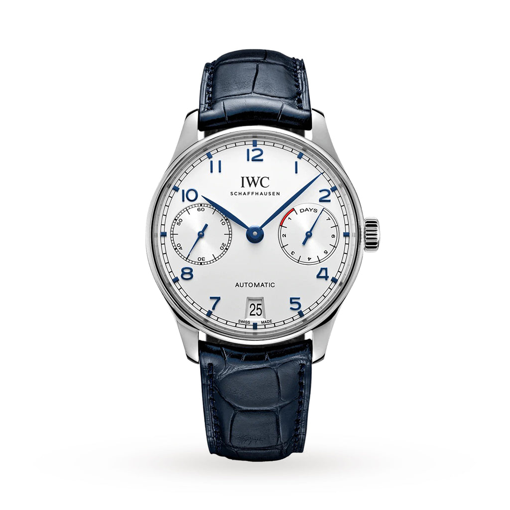 Portugieser Automatic | 42.3mm, Blue Alligator Leather Strap, White Dial