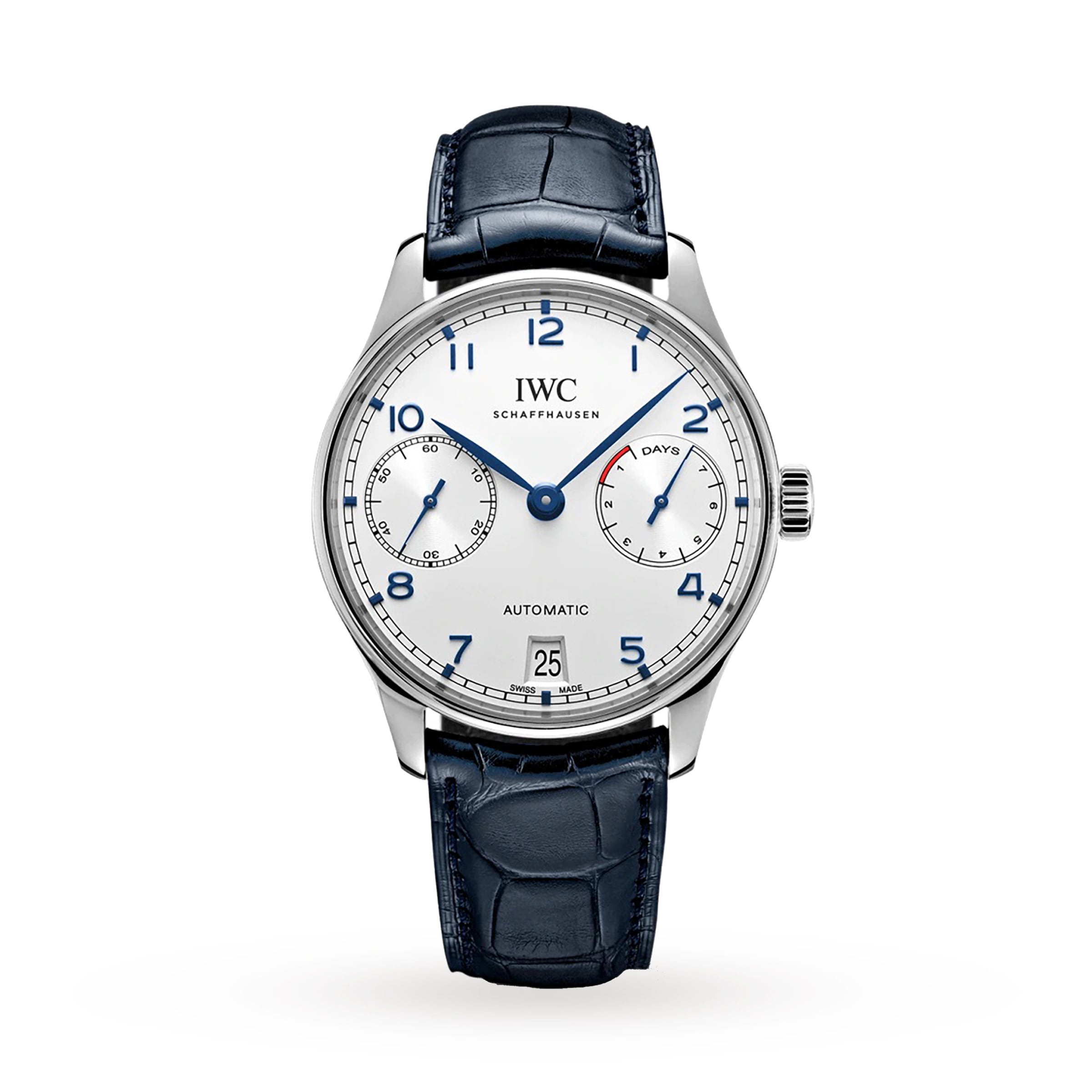 Portugieser Automatic | 42.3mm, Blue Alligator Leather Strap, White Dial