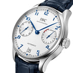 Portugieser Automatic | 42.3mm, Blue Alligator Leather Strap, White Dial