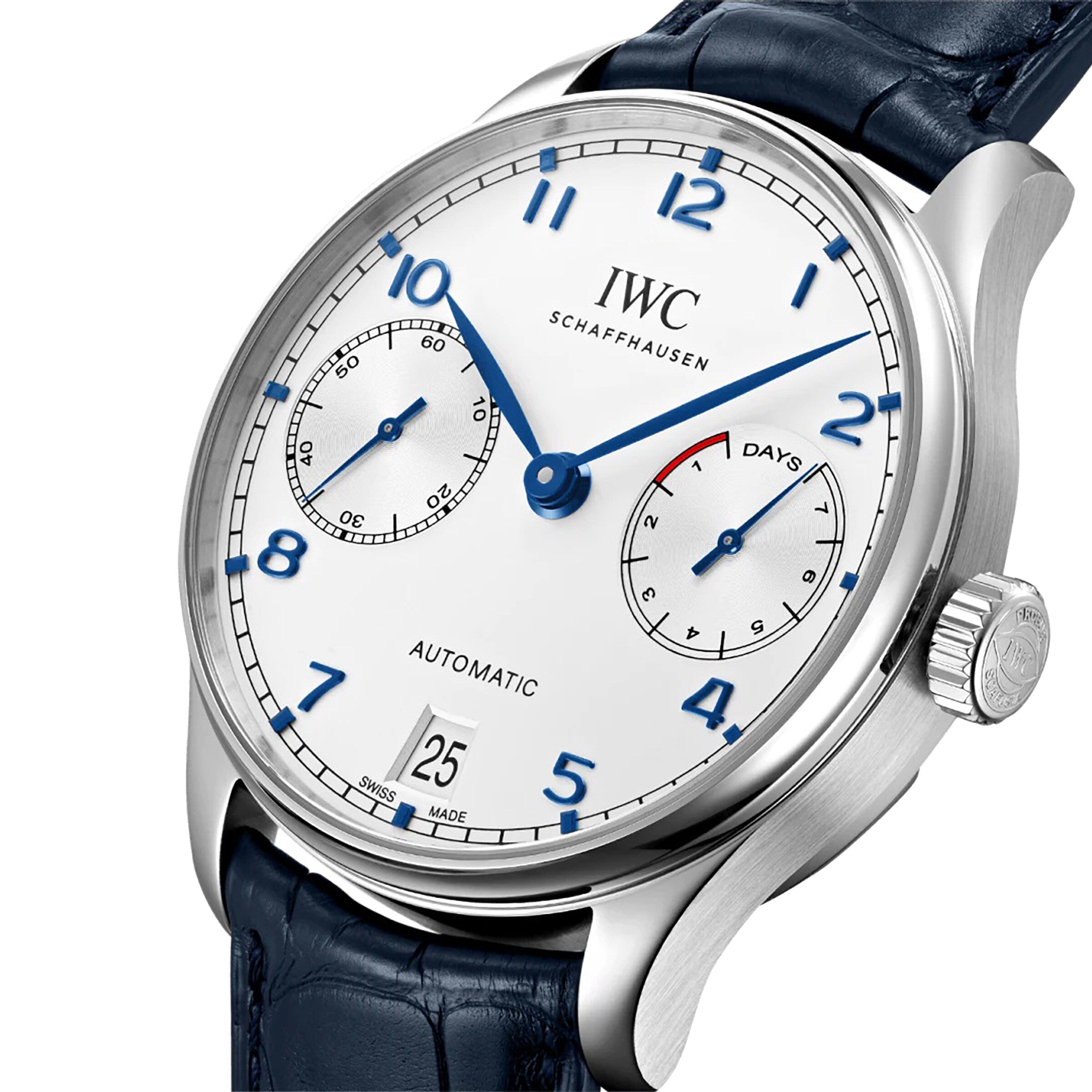 Portugieser Automatic | 42.3mm, Blue Alligator Leather Strap, White Dial