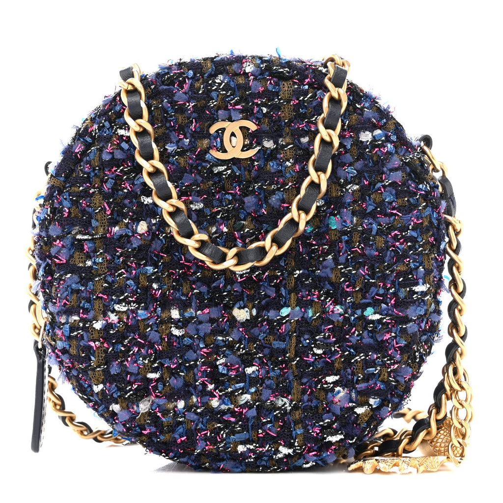Tweed Quilted Round Clutch With Chain Multicolor