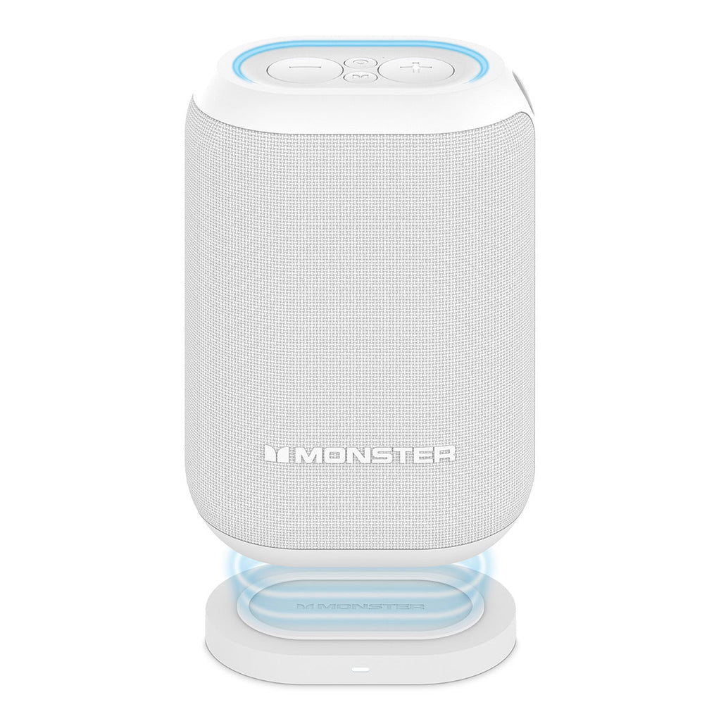 Monster DNA One Waterproof Portable Bluetooth Speaker with Omnidirectional Sound & Qi Wireless Charging Base (White)