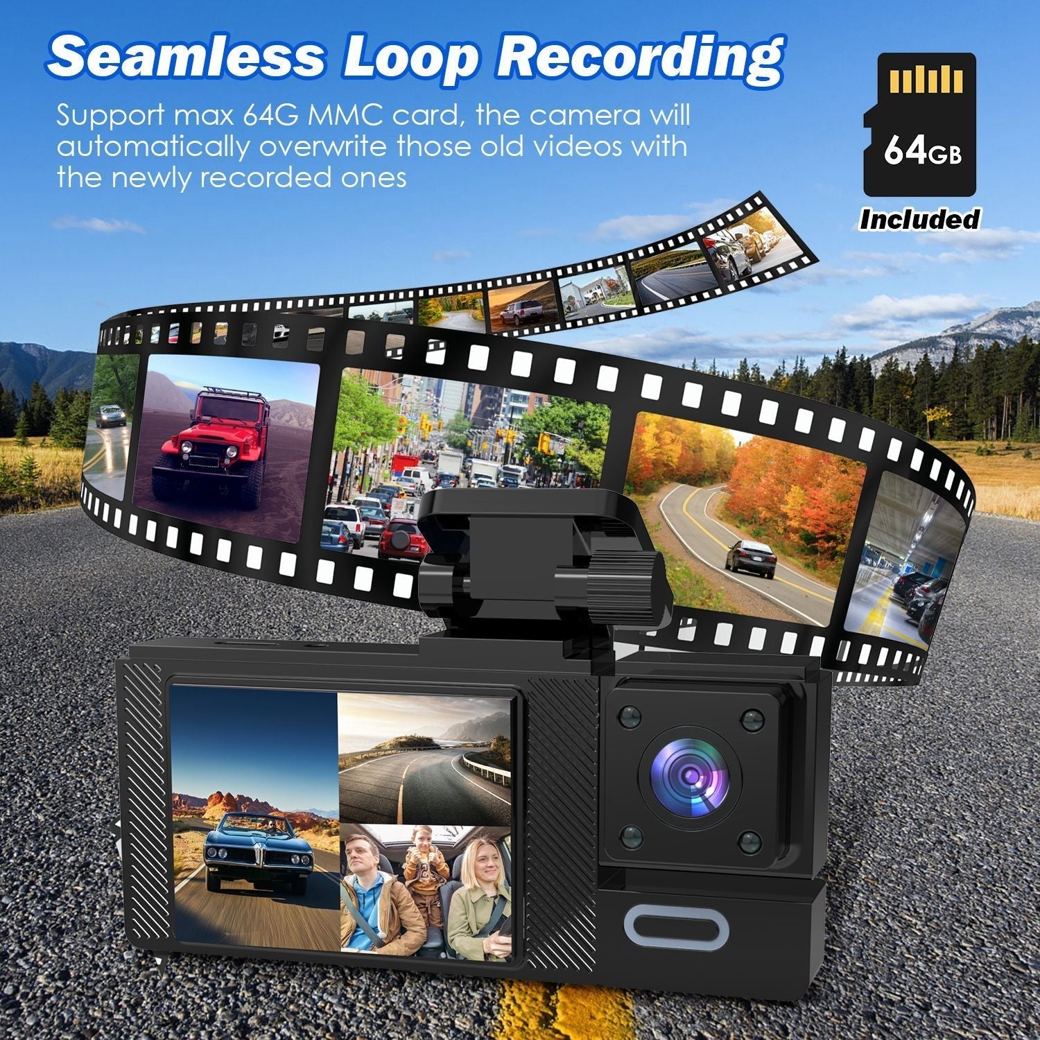 WiFi FHD 1080P Car Dash Cam 3 Channels Front Rear Inside Dash Camera with Loop Recording Reversing Image Night Vision 170° Wide Angle Support 64G MMC Card Included GPCT5431