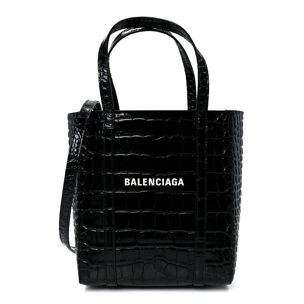 Shiny Calfskin Logo Crocodile Embossed XXS Everyday Tote  Black