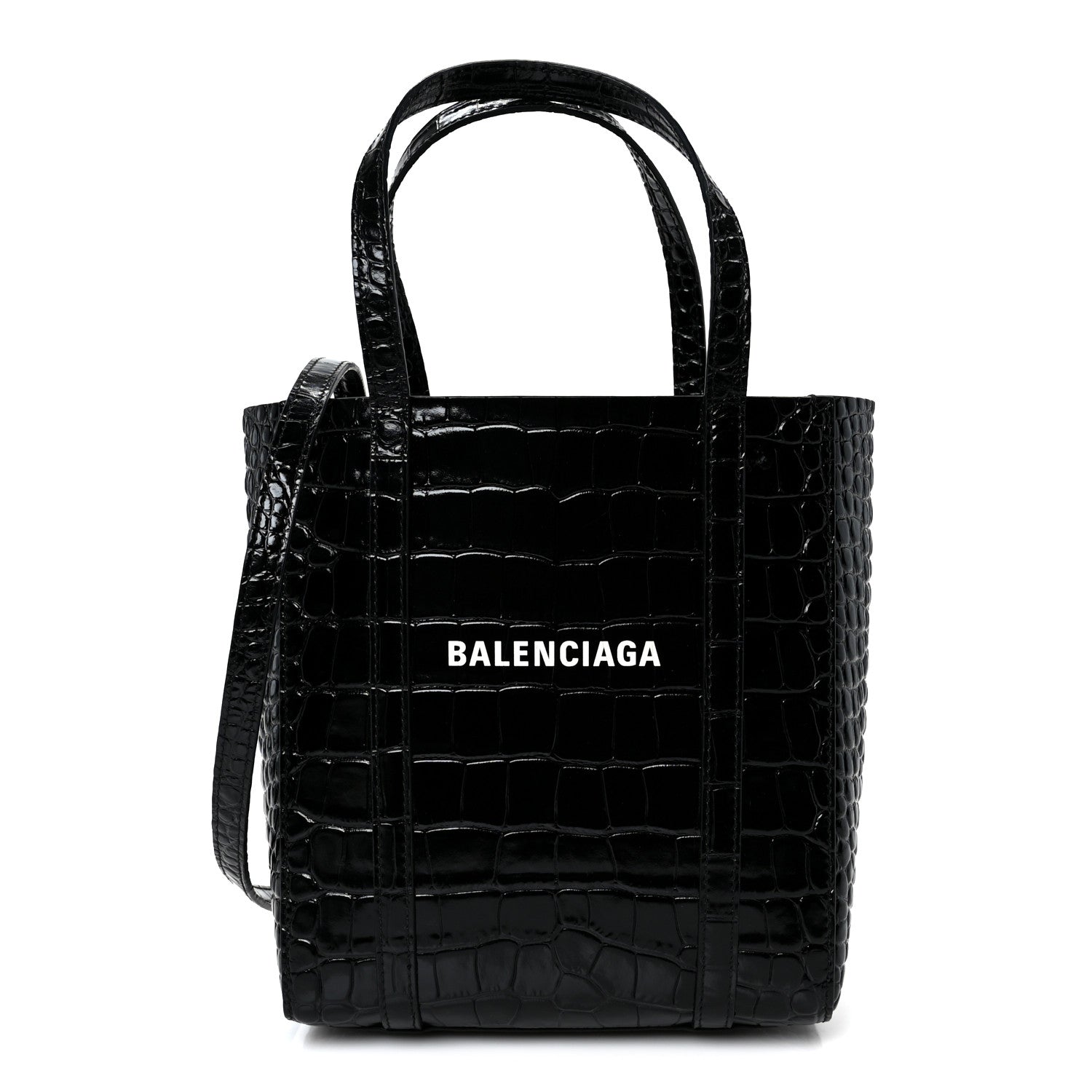 Shiny Calfskin Logo Crocodile Embossed XXS Everyday Tote  Black
