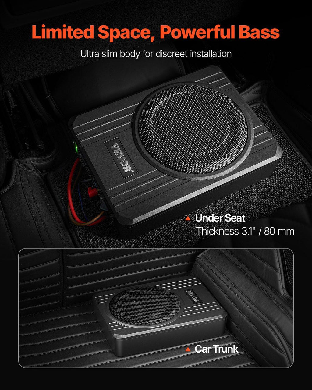 8" 400W Underseat Car Subwoofer, Slim Powered Car Subwoofers Under the Seat, Low Profile Audio Sub Built-in Amplifier, High/Low Level Input & Volume Controller for SUVs, Car, Truck, RV