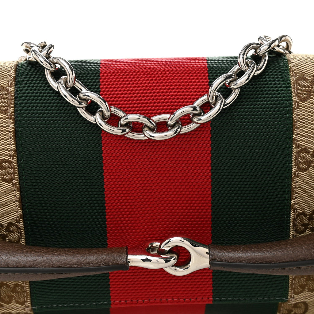 Monogram Textured Dollar Calfskin Heavy Grosgrain Web Medium Maxi Horsebit Chain Shoulder Bag Beige Ebony New Acero
