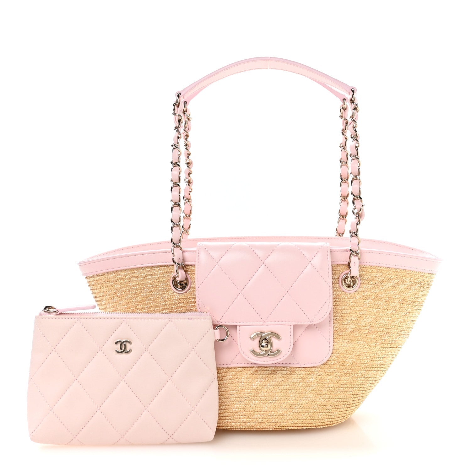 Raffia Braided Lambskin Small Wicker Tote Beige Light Pink