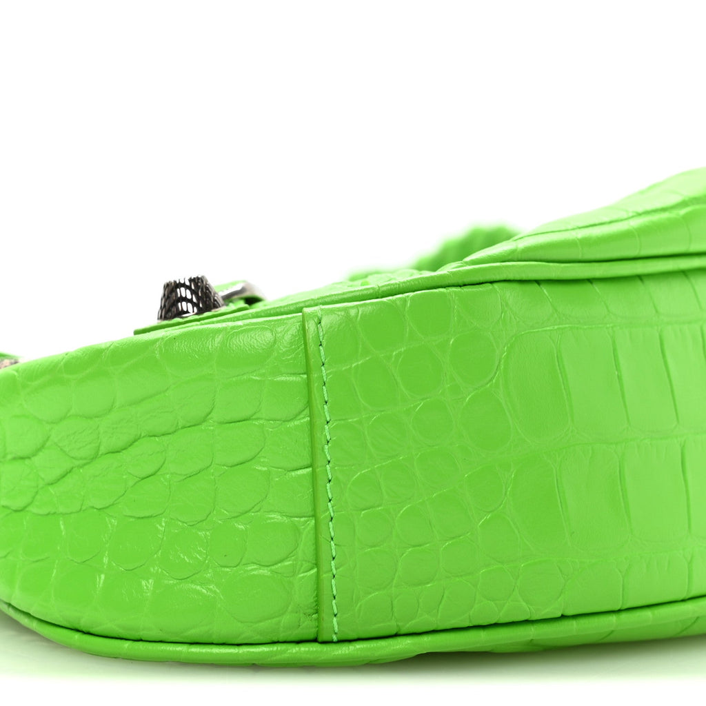 Extra Supple Calfskin Crocodile Embossed Le Cagole Shoulder Bag XS Acid Green