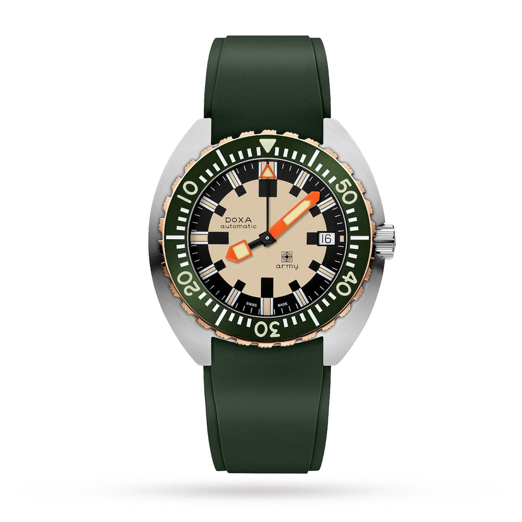 DOXA Army Bronze | 42.5mm, Steel, Green Rubber, Beige Dial