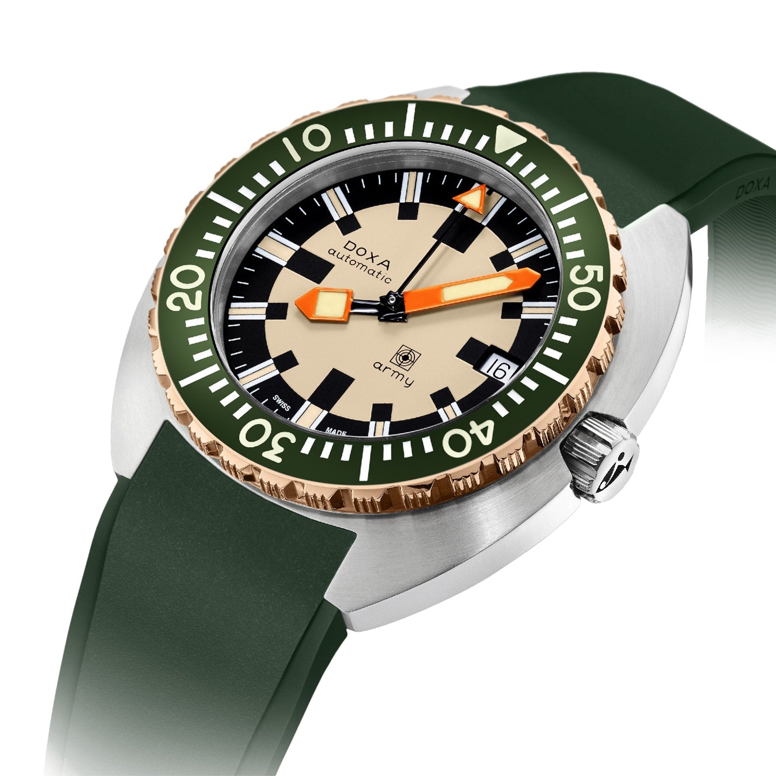 DOXA Army Bronze | 42.5mm, Steel, Green Rubber, Beige Dial