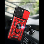 Kickstand Ring Holder With Slide Camera Cover Tpu Magnetic Car Mount For Apple Iphone 15 Pro In Red