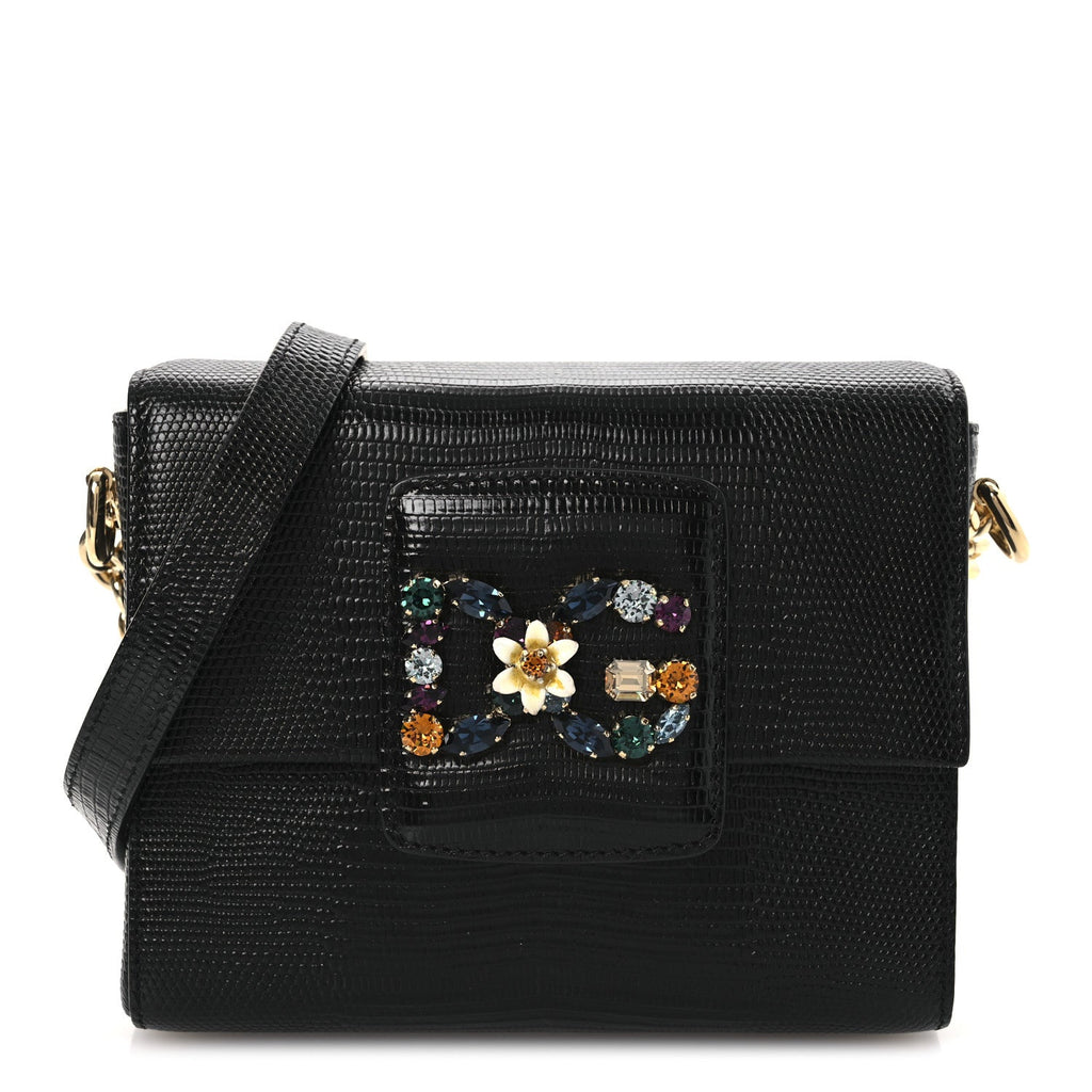 Lizard Embossed Crystal Embellished DG Millennials Mini Crossbody Bag Black