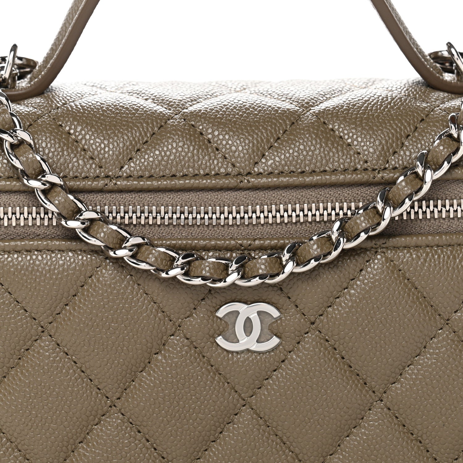 Caviar Quilted Top Handle Slim Vanity With Chain Dark Khaki