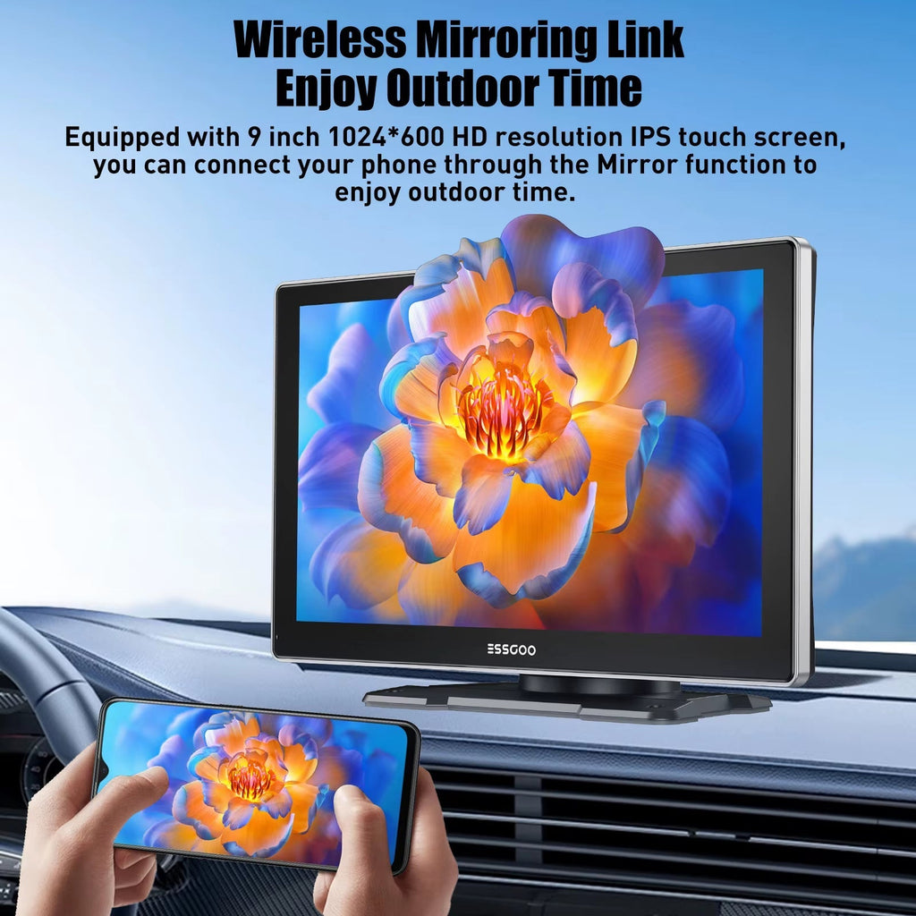 9-Inch Touchscreen Portable Car Stereo with Wireless Apple CarPlay, Android Auto, USB, TF, Bluetooth, and Mirror Link Functionality with 64gb Tf Card