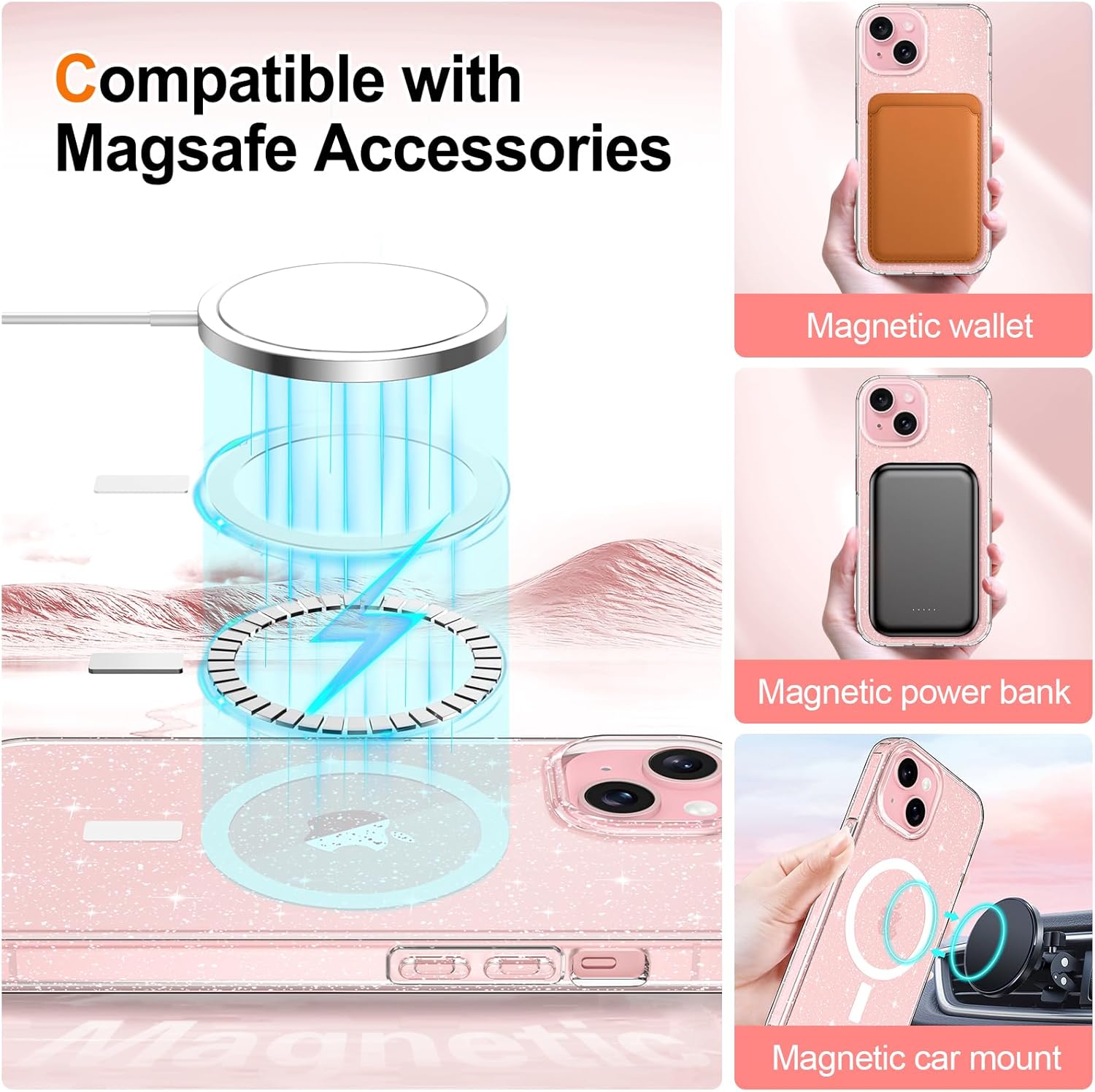 Entronix [Magnetic] Case Compatible with iPhone 15 - [Hard Back] Glitter Clear