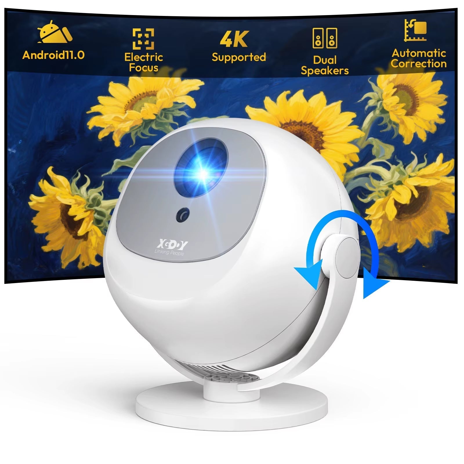 350 ANSI Lumens 4K Portable Android Projector with Native 720P, WiFi 6, Bluetooth, 50% Zoom, and Electric Focus for Home Theater