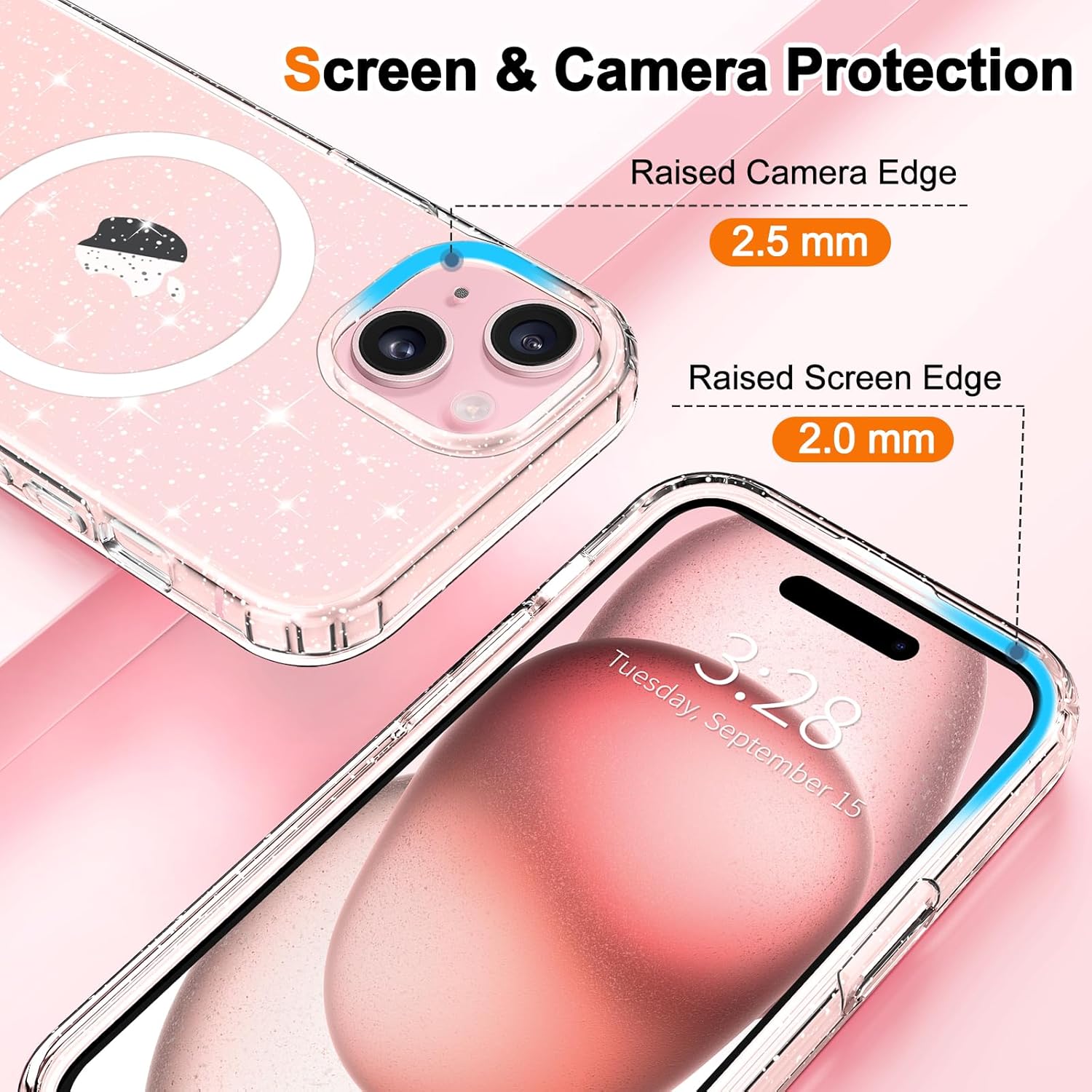 Entronix [Magnetic] Case Compatible with iPhone 15 - [Hard Back] Glitter Clear