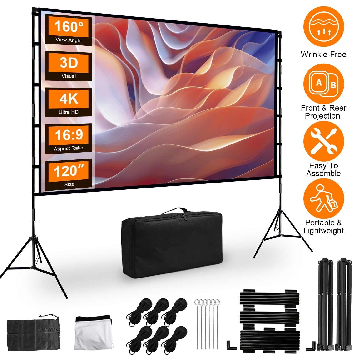 120" Portable Projector Screen with Stand, Foldable & Anti-Crease, HD 4K Movie Screen for Outdoor/Indoor Use, Home Theater, Parties & Business Presentations - Includes Carry Bag
