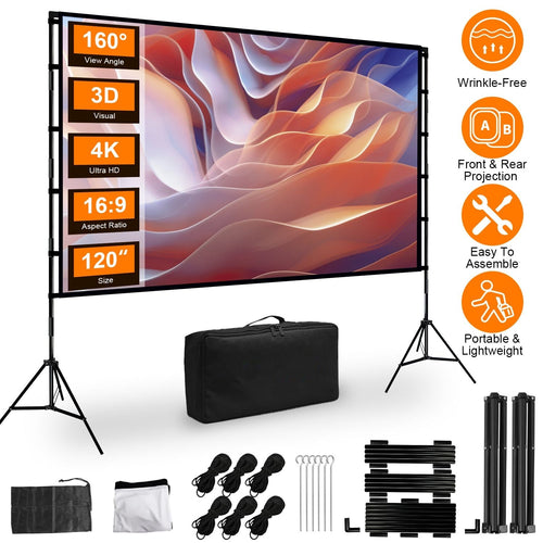120" Portable Projector Screen with Stand, Foldable & Anti-Crease, HD 4K Movie Screen for Outdoor/Indoor Use, Home Theater, Parties & Business Presentations - Includes Carry Bag