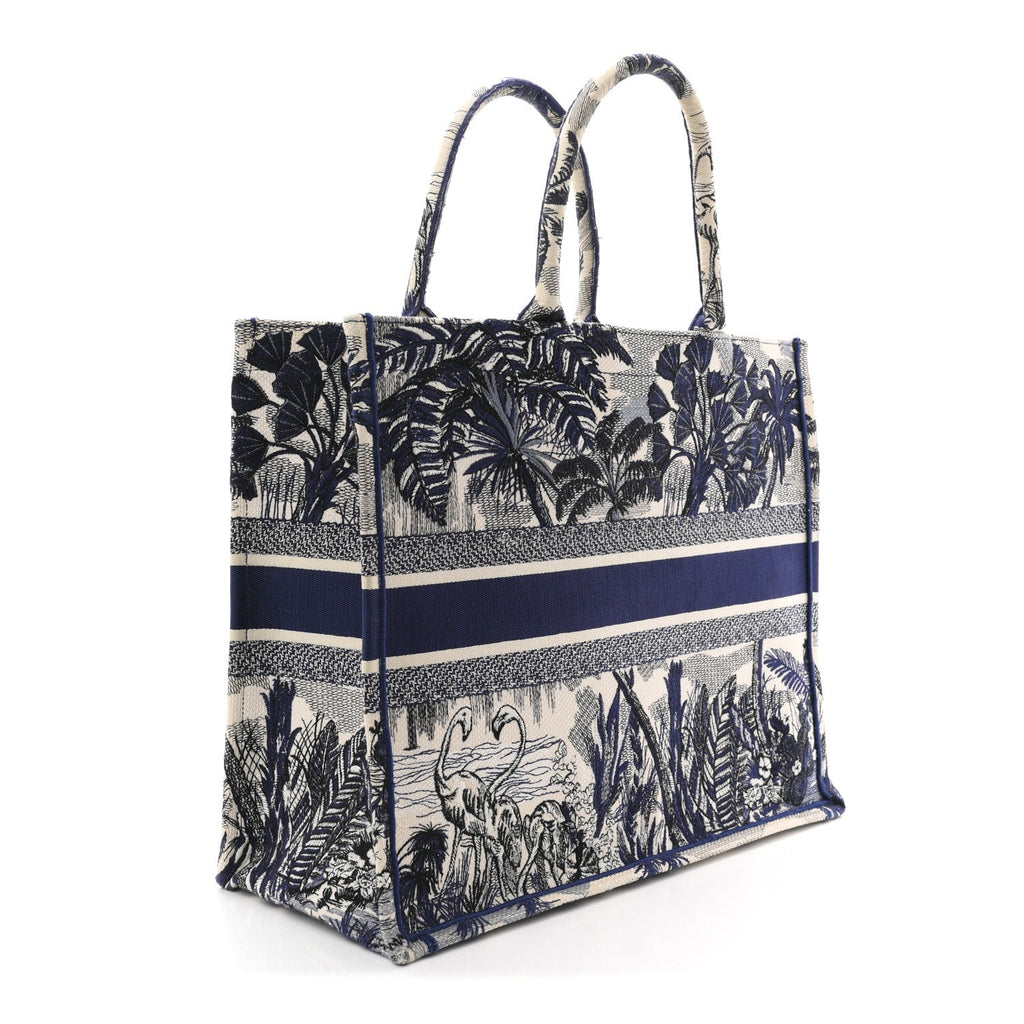 Canvas Embroidered Large Palm Tree Toile De Jouy Book Tote Blue