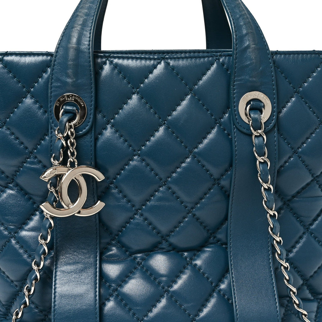 Lambskin Quilted Easy Carry Shopping Tote Blue