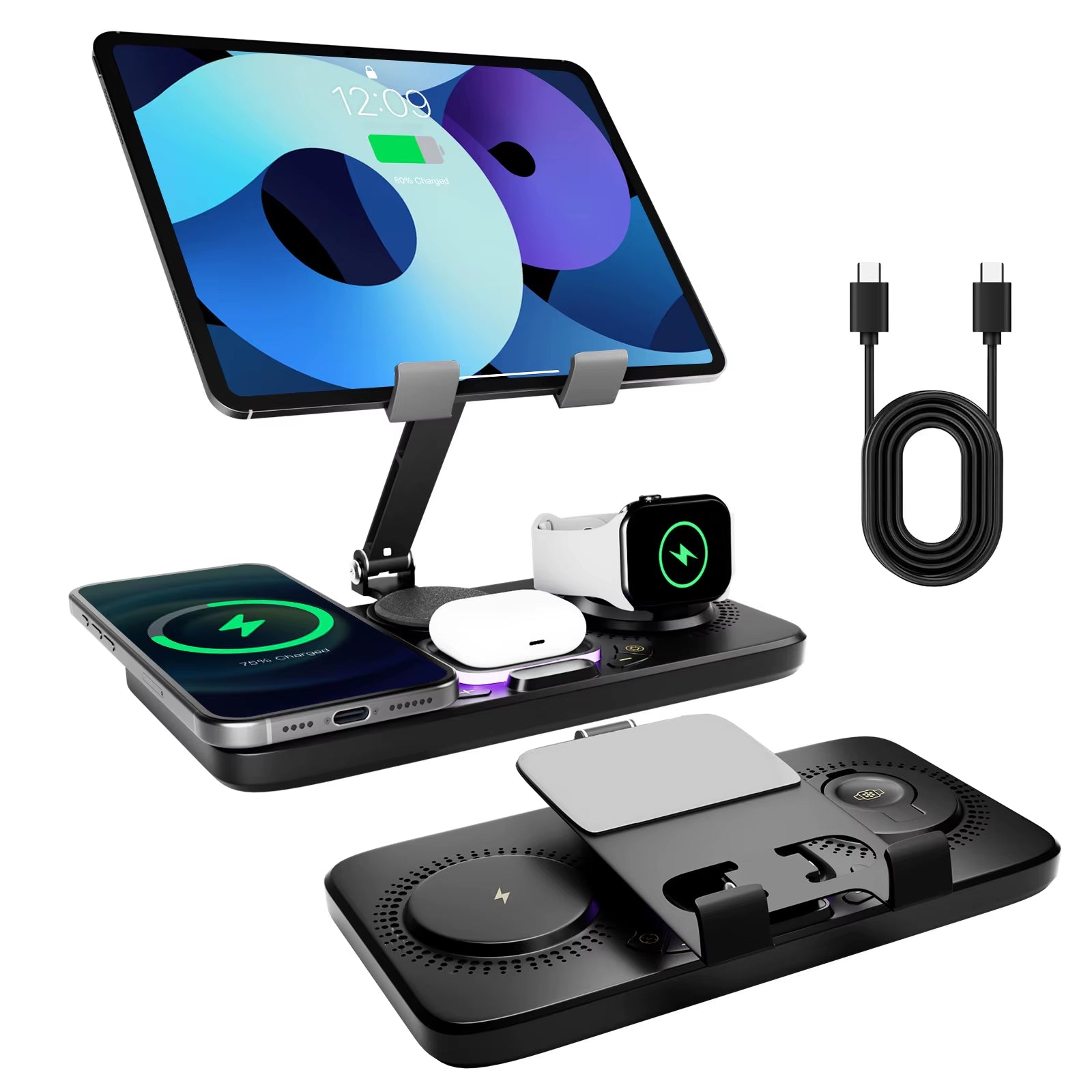 7-in-1 Wireless Charging Station for iPhone, iPad, AirPods, and Apple Watch with Fast Charging, Night Lamp, and Clock Features