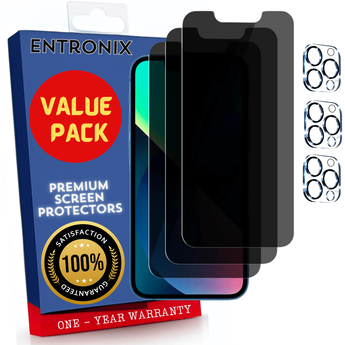 Entronix Anti-Spy Privacy Screen Protector & Camera Lens Protector Compatible with iPhone 12 Pro Max - 6-Piece Combo