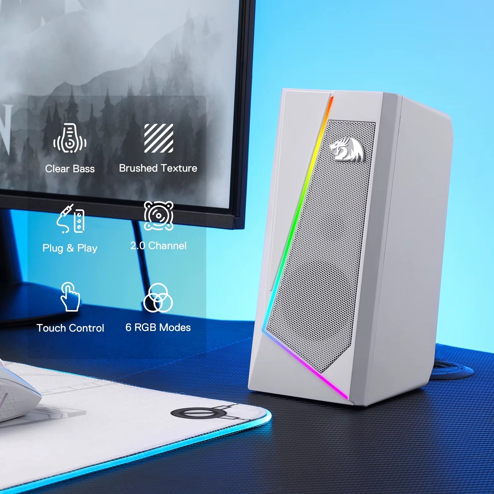 RGB Desktop Speakers - 2.0 Channel PC Stereo System with 6 LED Color Modes and Enhanced Sound, White/Pink