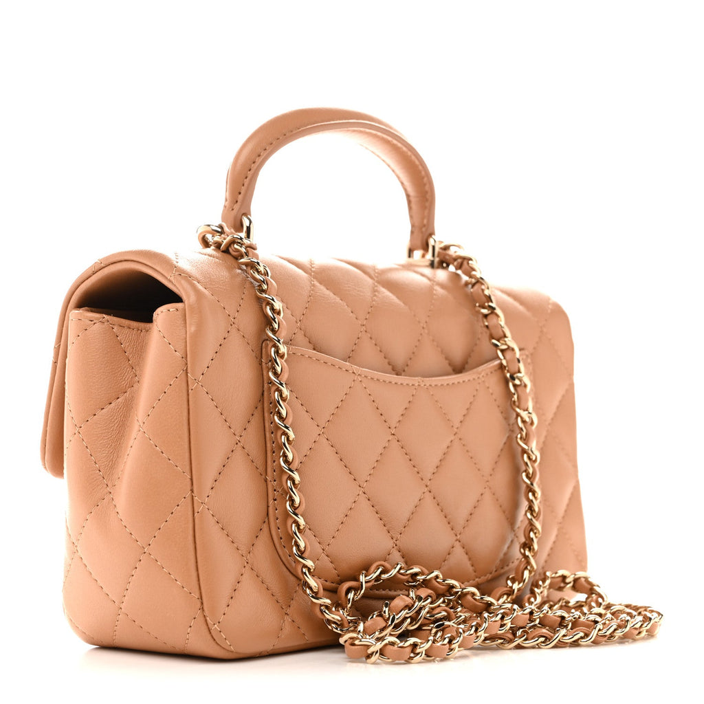 Lambskin Quilted Mini Top Handle Rectangular Flap Dark Beige