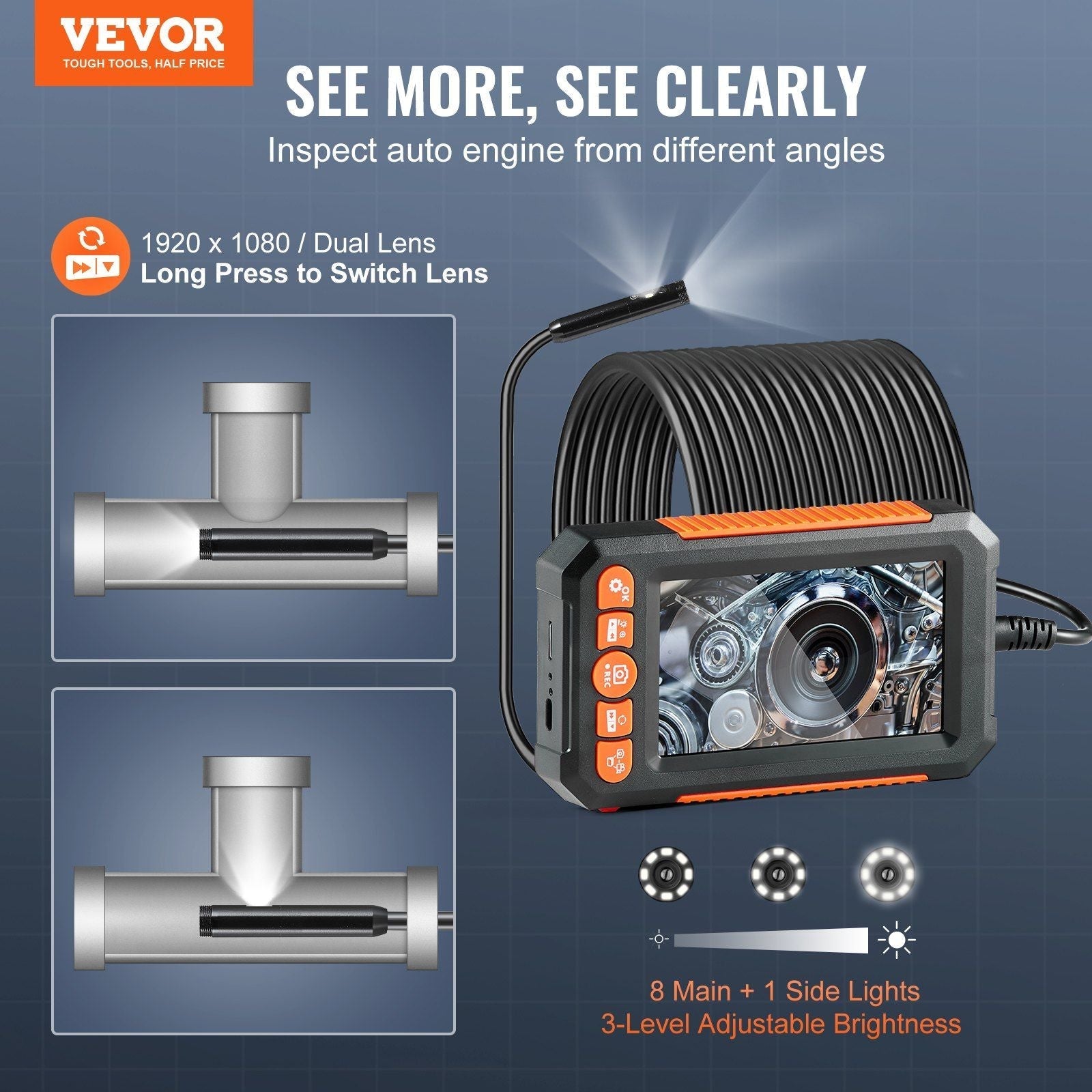 Endoscope Camera with Light, Dual Lens Borescope with 49.2FT Semi-Rigid Cable, 4.3" Screen 1080P Inspection Camera, 8 + 1 LED Lights, 4X Zoom, IP67 Waterproof Snake Camera for Auto, Plumbing