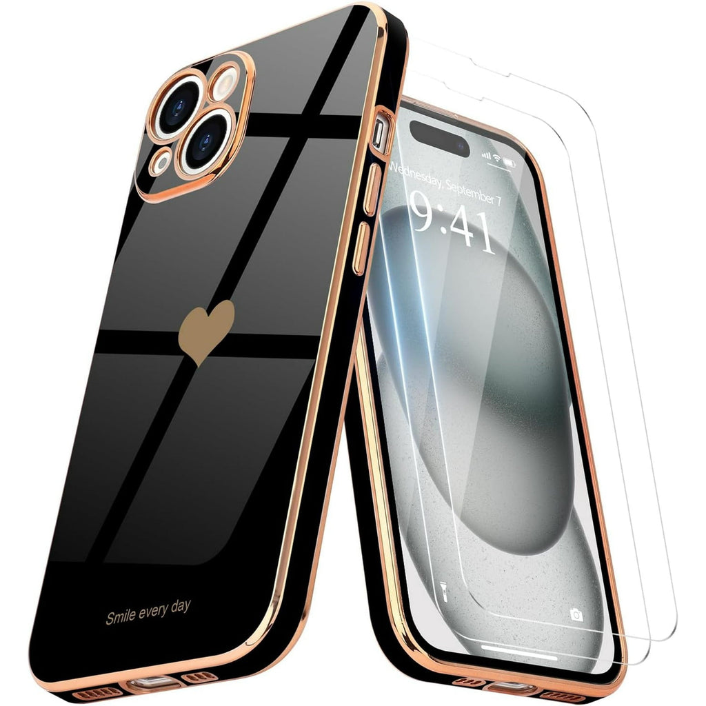 Entronix Bundle Compatible with iPhone 15 Plus - [Flexible] Glossy Heart Case & 2 Clear Screen Protectors