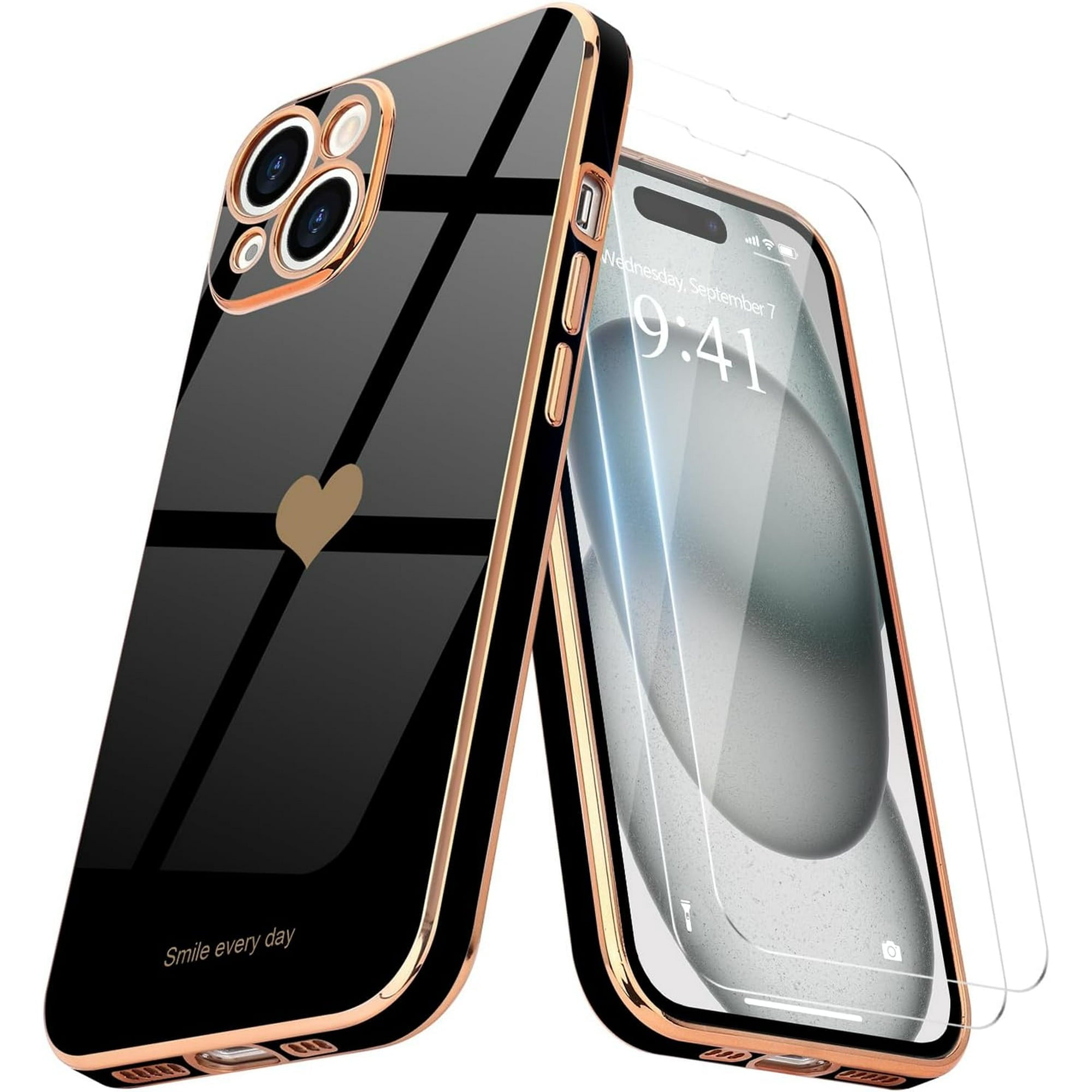 Entronix Bundle Compatible with iPhone 15 Plus - [Flexible] Glossy Heart Case & 2 Clear Screen Protectors