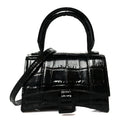 Shiny Calfskin Monochrome Crocodile Embossed Hourglass Top Handle Bag Mini Black