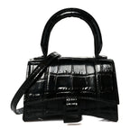 Shiny Calfskin Monochrome Crocodile Embossed Hourglass Top Handle Bag Mini Black
