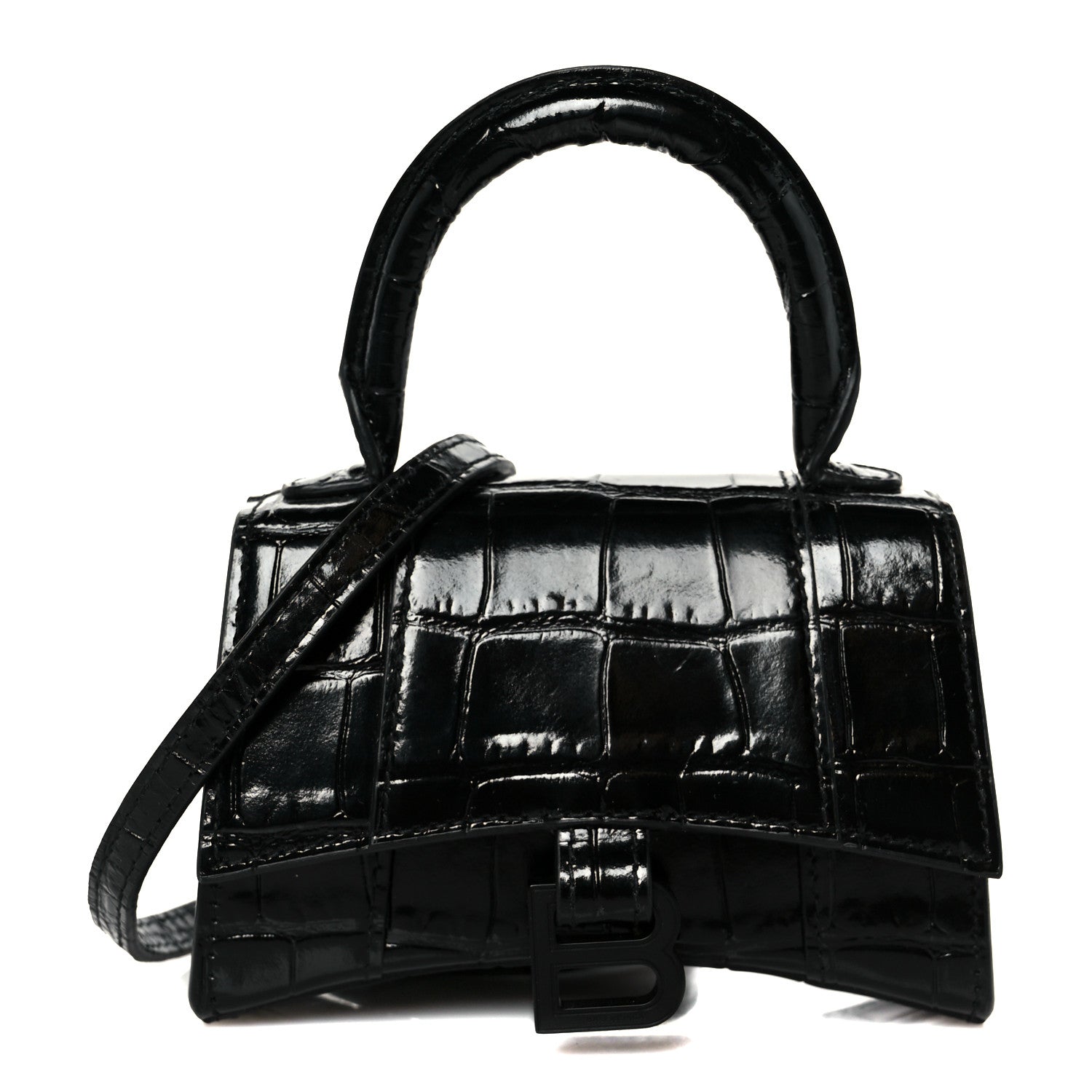 Shiny Calfskin Monochrome Crocodile Embossed Hourglass Top Handle Bag Mini Black