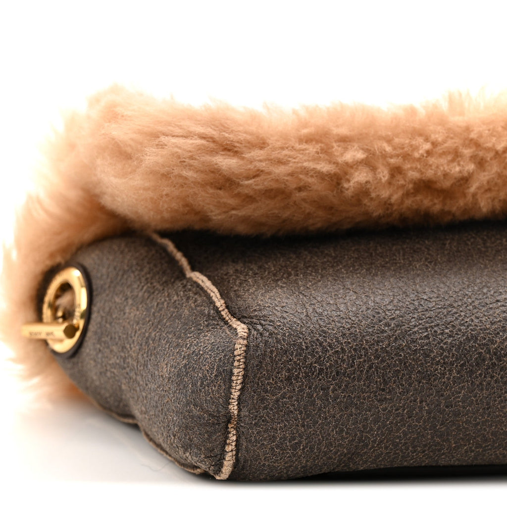 Shearling Calfskin Small Reversible Monogram Kate Satchel Ecru Dark Brown