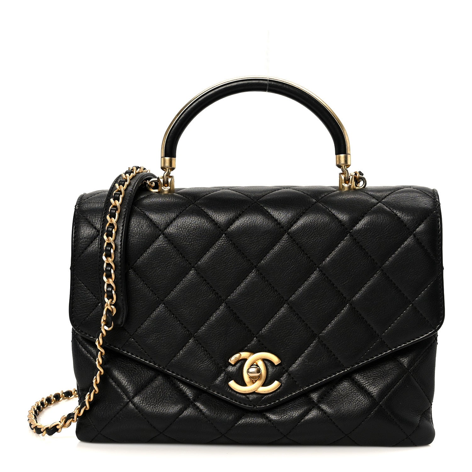 Calfskin Quilted Small Gold Top Handle Flap Black