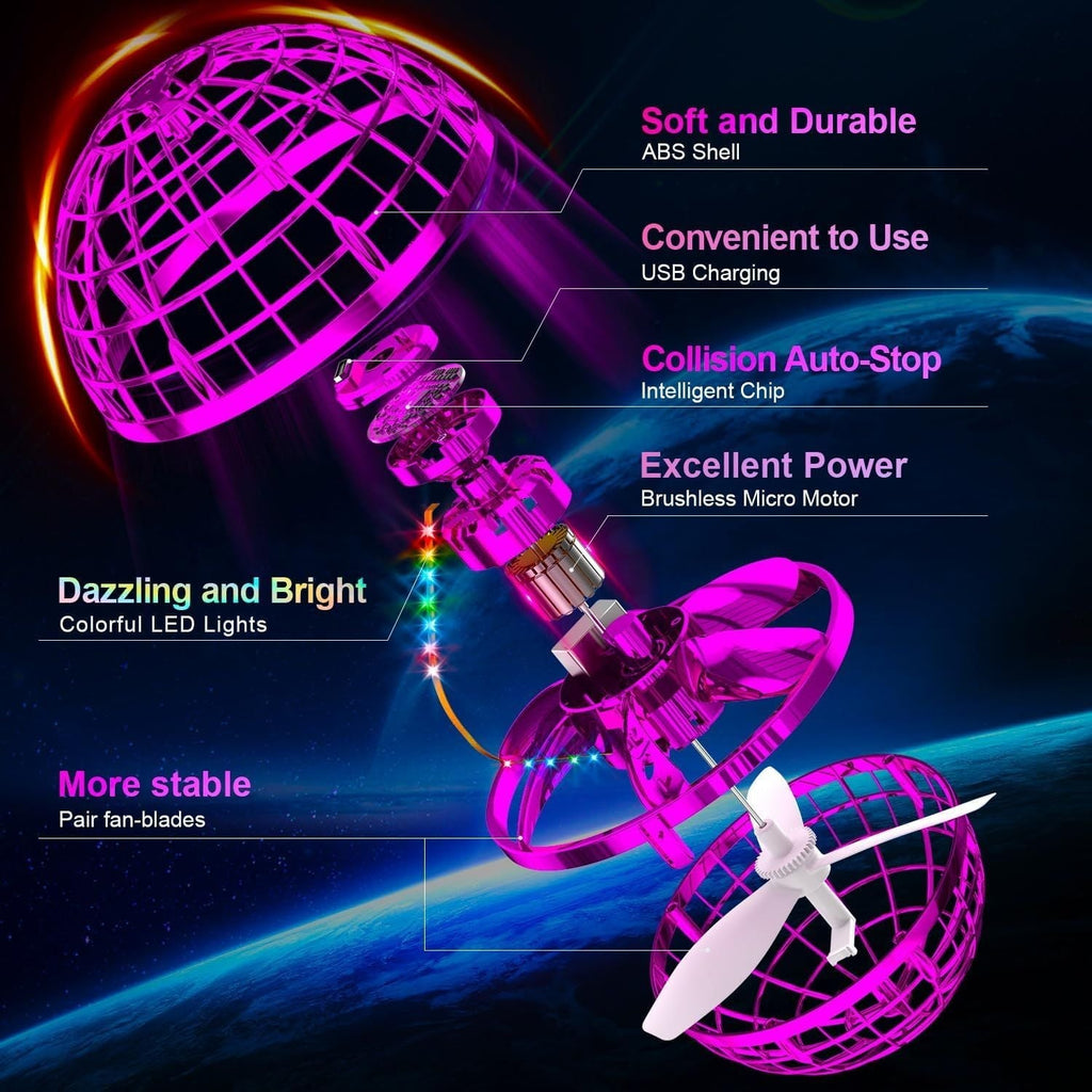 Flying Orb Ball (Pink) with Dazzling Lights, Magic Hover Spinner, Boomerang Drone, Floating Cosmic Globe