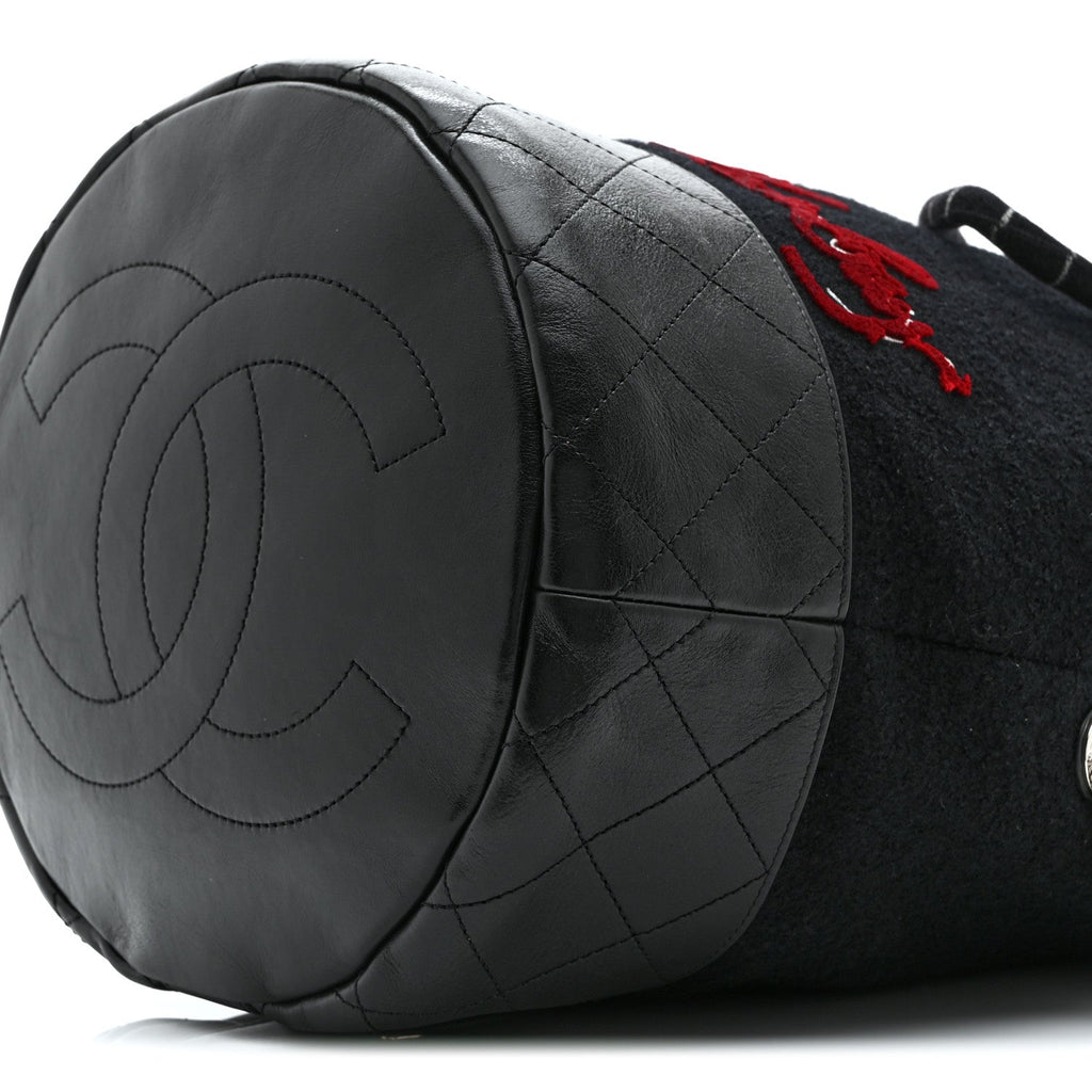 Wool Calfskin Embroidered Paris Hamburg Drawstring Backpack Black