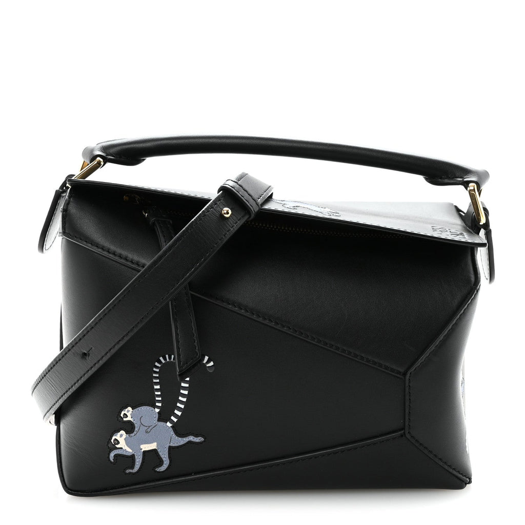 X SUNA FUJITA Satin Calfskin Small Lemur Puzzle Edge Bag Black