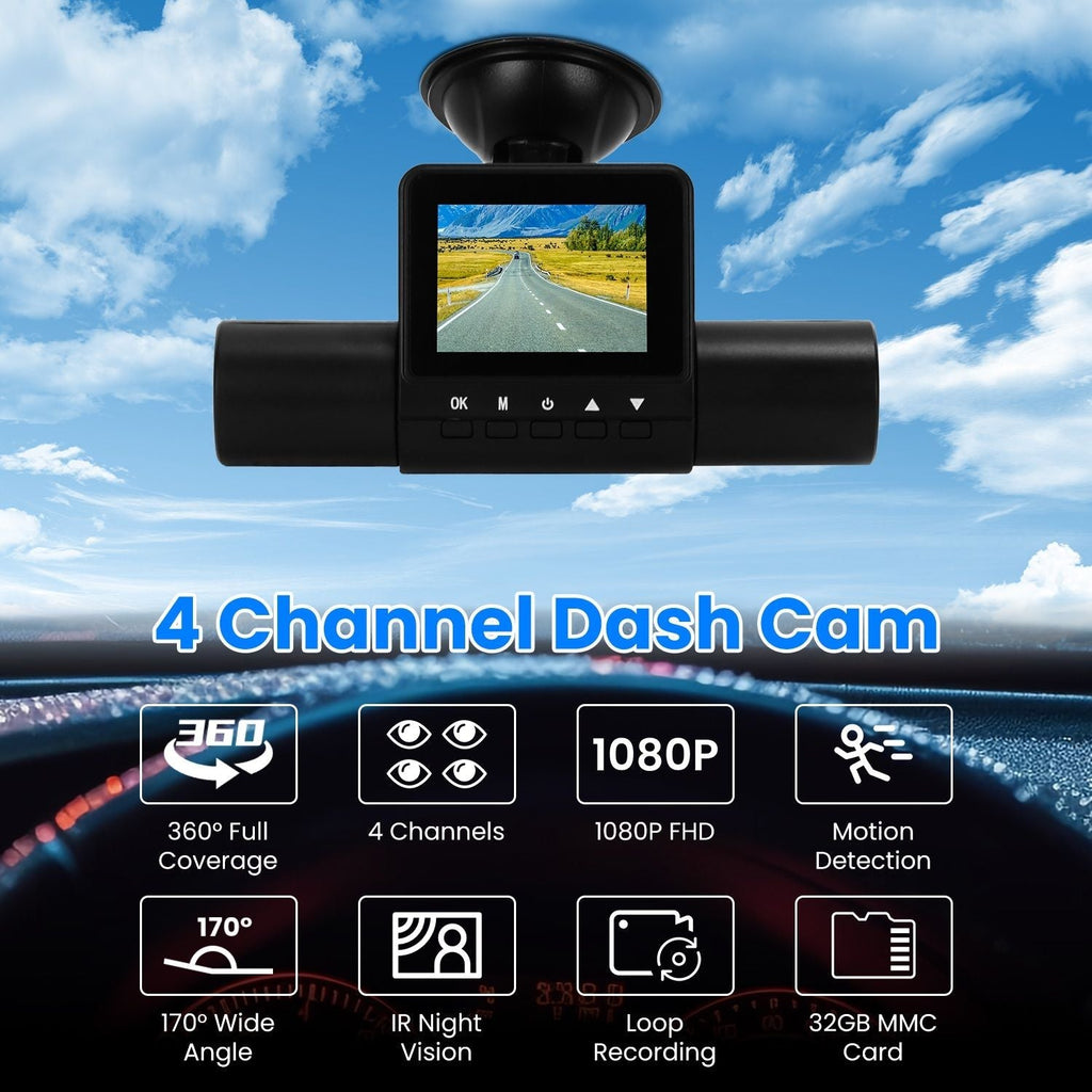 360° View FHD 4 Channel Dash Cam 1080P Front 480P Rear Left Right Inside Dash Camera With IR Night Vision Loop Recording Motion Detection Free 32GB MMC Card