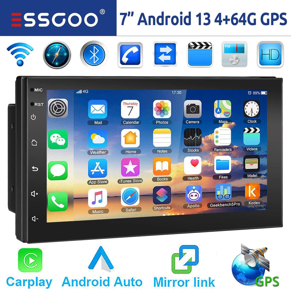 9" 2 DIN Android 14 Car Stereo with 4GB RAM and 64GB Storage, CarPlay, Android Auto, GPS Navigation, Bluetooth, FM RDS Radio, Wi-Fi, and Touchscreen Integration
