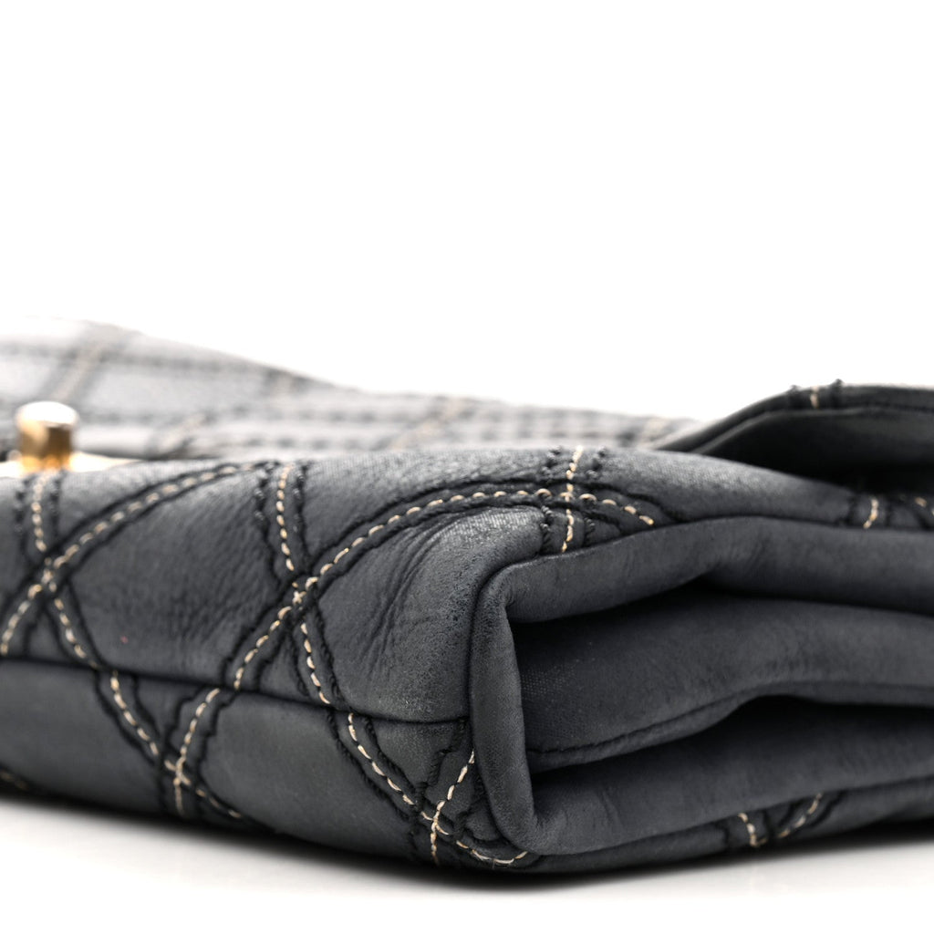 Iridescent Calfskin Triple Stitched Medium Flap Navy