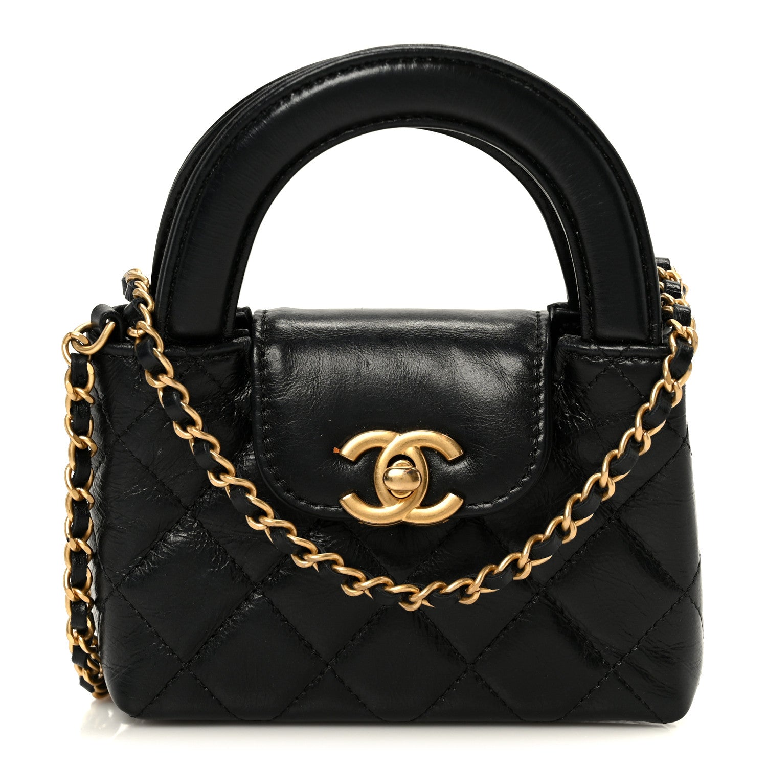 Shiny Aged Calfskin Quilted Mini Nano Kelly Shopper Black