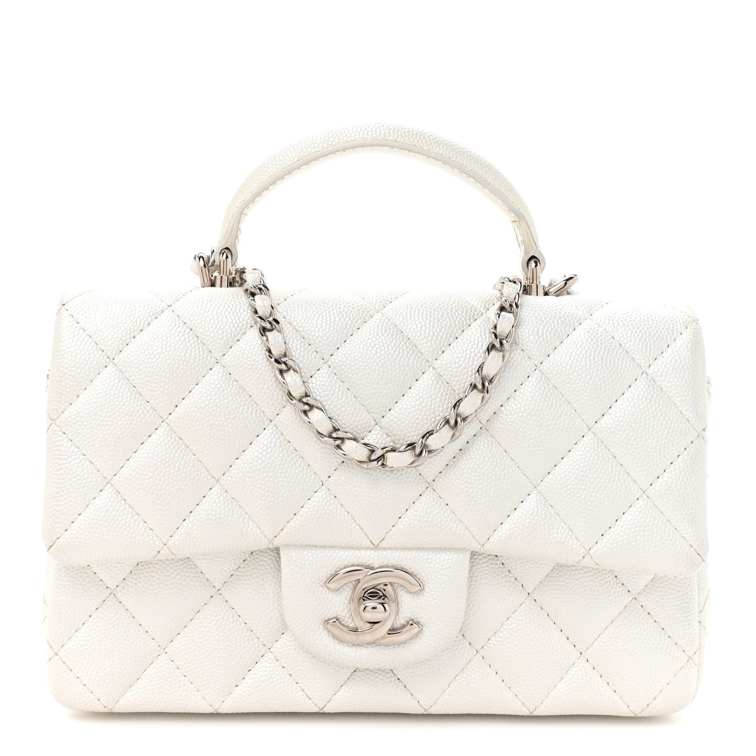 Metallic Caviar Quilted Mini Top Handle Rectangular Flap White
