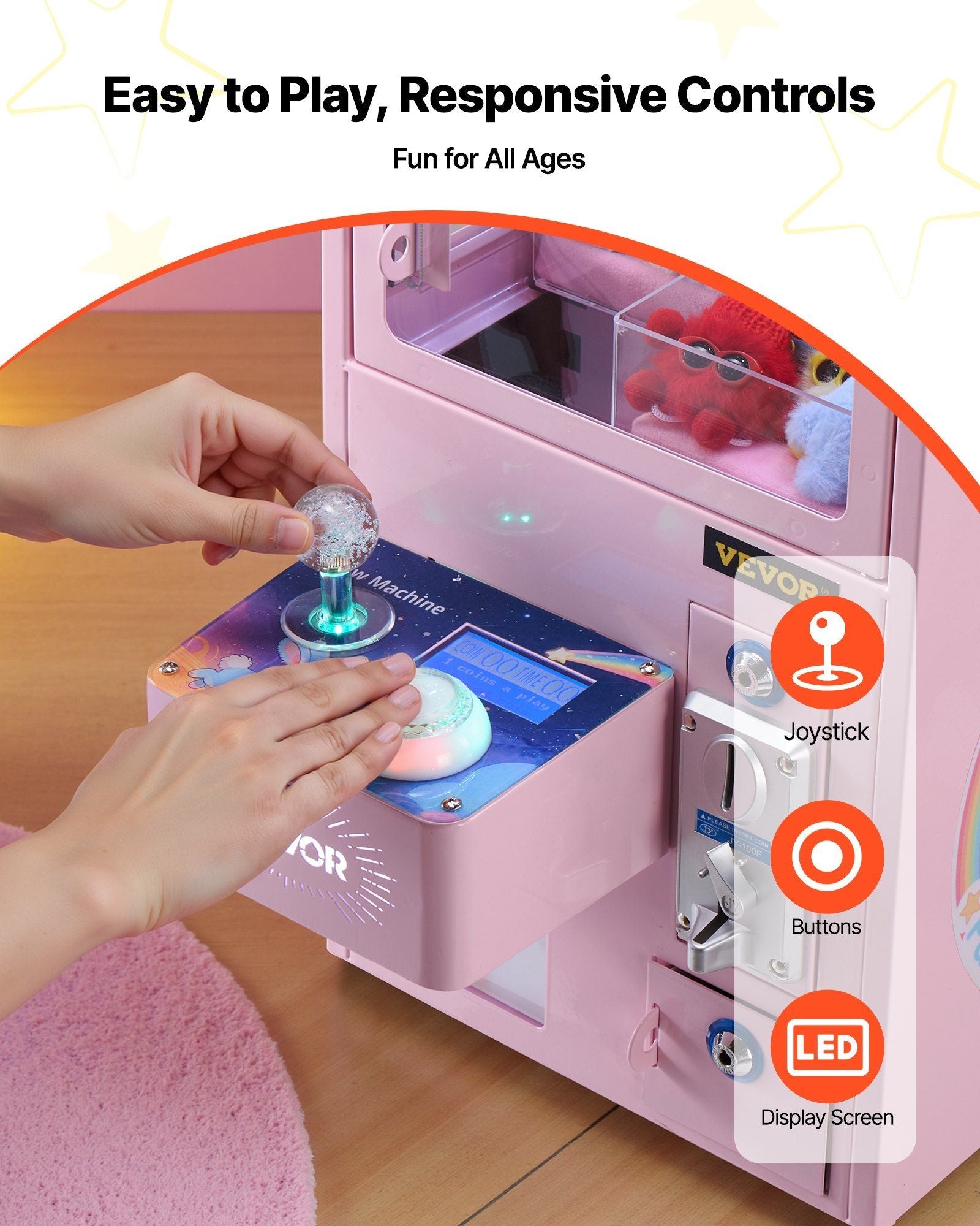 Claw Crane Machine, Medium-Sized Arcade Game Machine with Light & Sound, Adjustable Steel Claws, Precise Toy Candy Grabber Prize Dispenser Vending Toy, for Commercial Home Parties Cinema, Pink