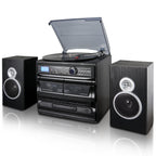 3-Speed Vinyl Turntable Home Stereo System with CD Player, Dual Cassette Player, Bluetooth, FM Radio & USB/SD Recording and Wired Shelf Speakers