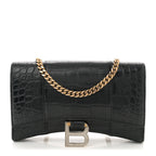 Shiny Calfskin Crocodile Embossed Hourglass Chain Bag Black